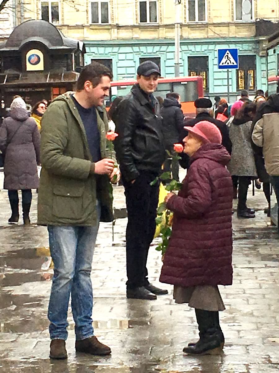 Dmitry gives out flowers